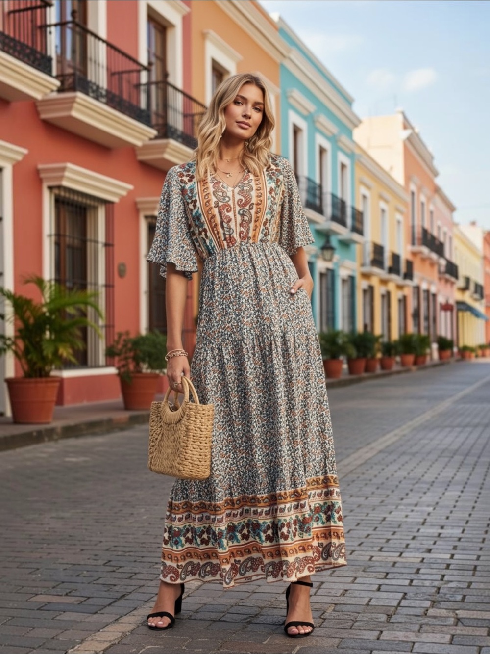Pretty Garden Women’s Boho Floral/Paisley Maxi Dress Sz.L Cottagecore Prairie